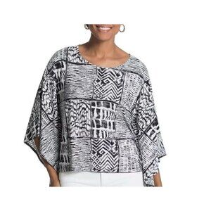 Chicos Blocked Poncho Style Top S/M Black White Pull Over Travelers Knit Stretch